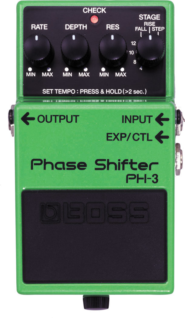 Green Boss Phase Shifter PH-3 effects pedal with four black control knobs labeled Rate, Depth, Res, and Stage, plus input, output jacks.