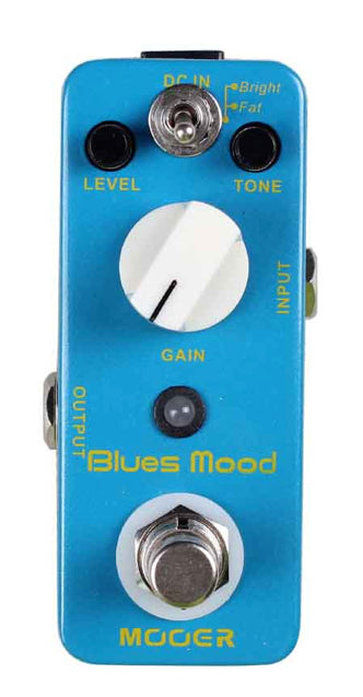Compact blue effects pedal labeled Blues Mood with level, tone, and gain knobs, a footswitch, and a small switch labeled Bright/Fat.
