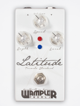 White Wampler Latitude Tremolo Standard effects pedal with three clear knobs labeled Speed, Depth, and Level, plus blue and red indicator lights.