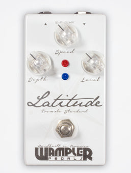 White Wampler Latitude Tremolo Standard effects pedal with three clear knobs labeled Speed, Depth, and Level, plus blue and red indicator lights.