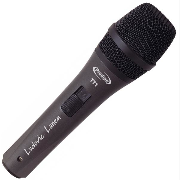 Black handheld microphone with on/off switch, mesh grille, and “Ludovic Lanen” written on the handle, labeled Prodipe TT1.