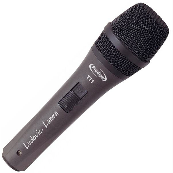 Black handheld microphone with on/off switch, mesh grille, and “Ludovic Lanen” written on the handle, labeled Prodipe TT1.