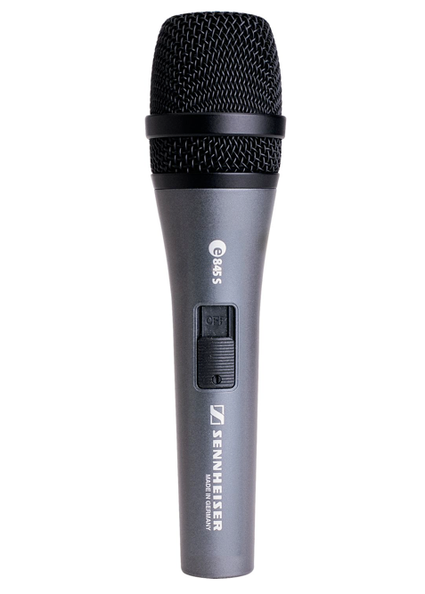Handheld Sennheiser e845S dynamic microphone with a black grille and an on/off switch on the body.