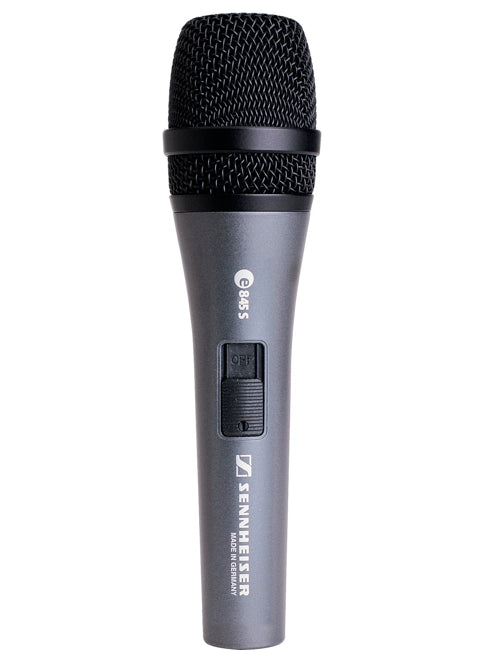 Handheld Sennheiser e845S dynamic microphone with a black grille and an on/off switch on the body.