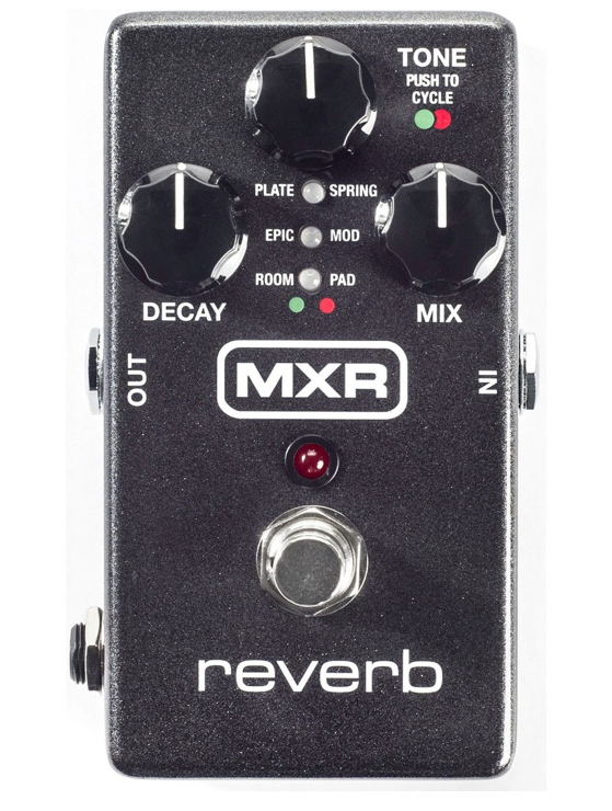 MXR reverb effects pedal with three knobs labeled Decay, Tone, and Mix, a footswitch, indicator lights, and input/output jacks on the sides.