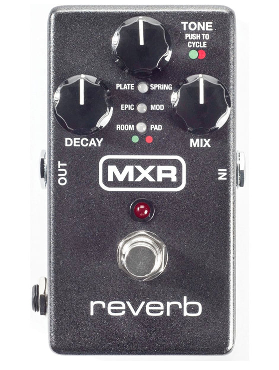 MXR reverb effects pedal with three knobs labeled Decay, Tone, and Mix, a footswitch, indicator lights, and input/output jacks on the sides.