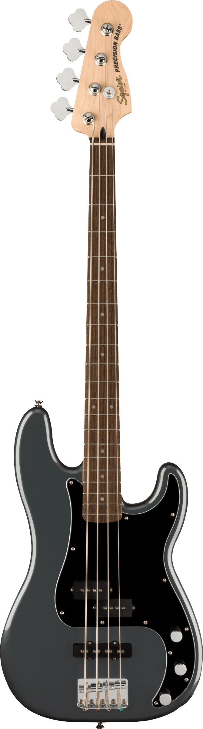 Squier Precision Bass guitar with a black body, dark pickguard, four strings, and a maple headstock.