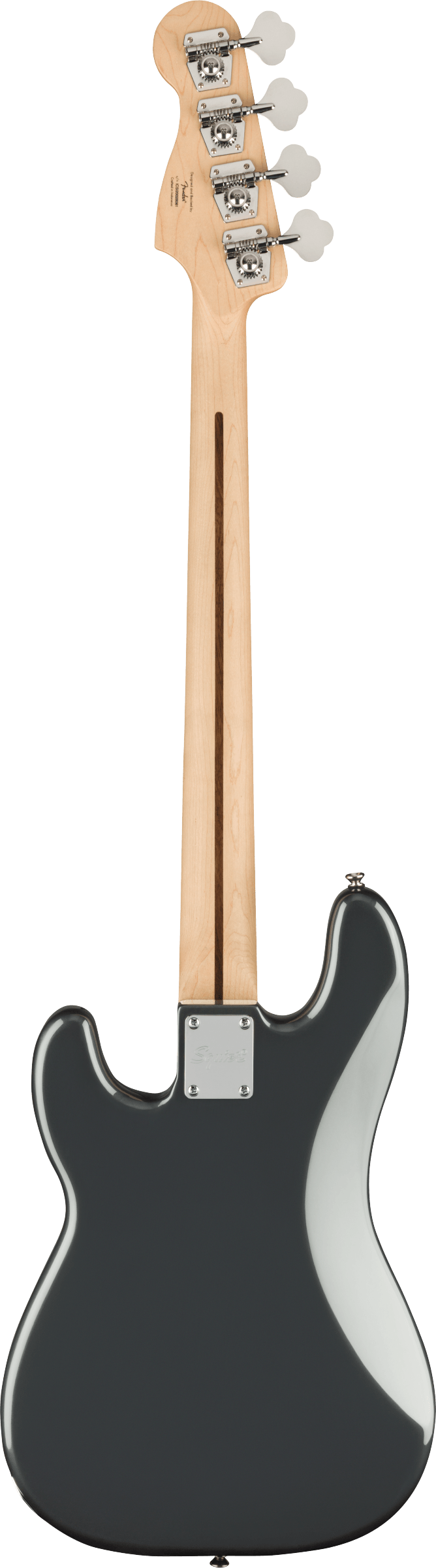 Black-bodied bass guitar seen from the back, with a natural wood neck, four tuning pegs, and chrome hardware.