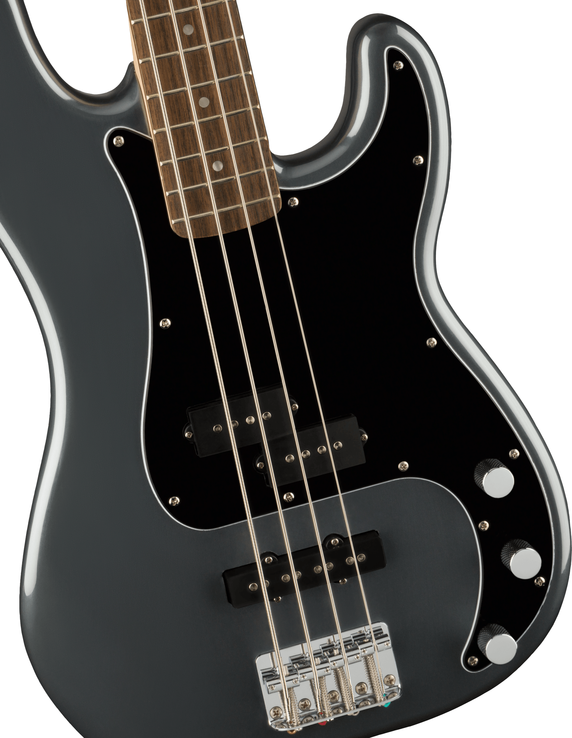 Glossy dark gray electric bass guitar with a black pickguard, four strings, three chrome control knobs, and silver bridge hardware.
