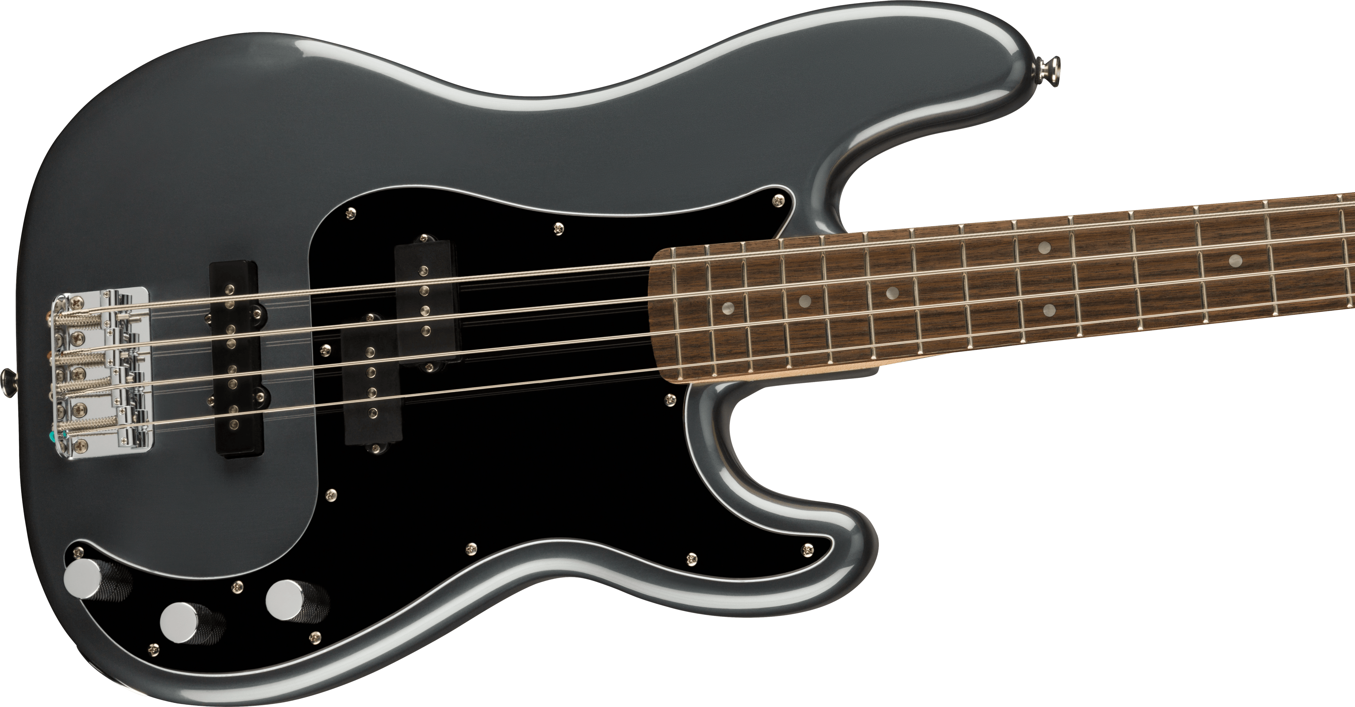 Glossy gray electric bass guitar with a black pickguard, three control knobs, four metal strings, and a rosewood fretboard with dot inlays.