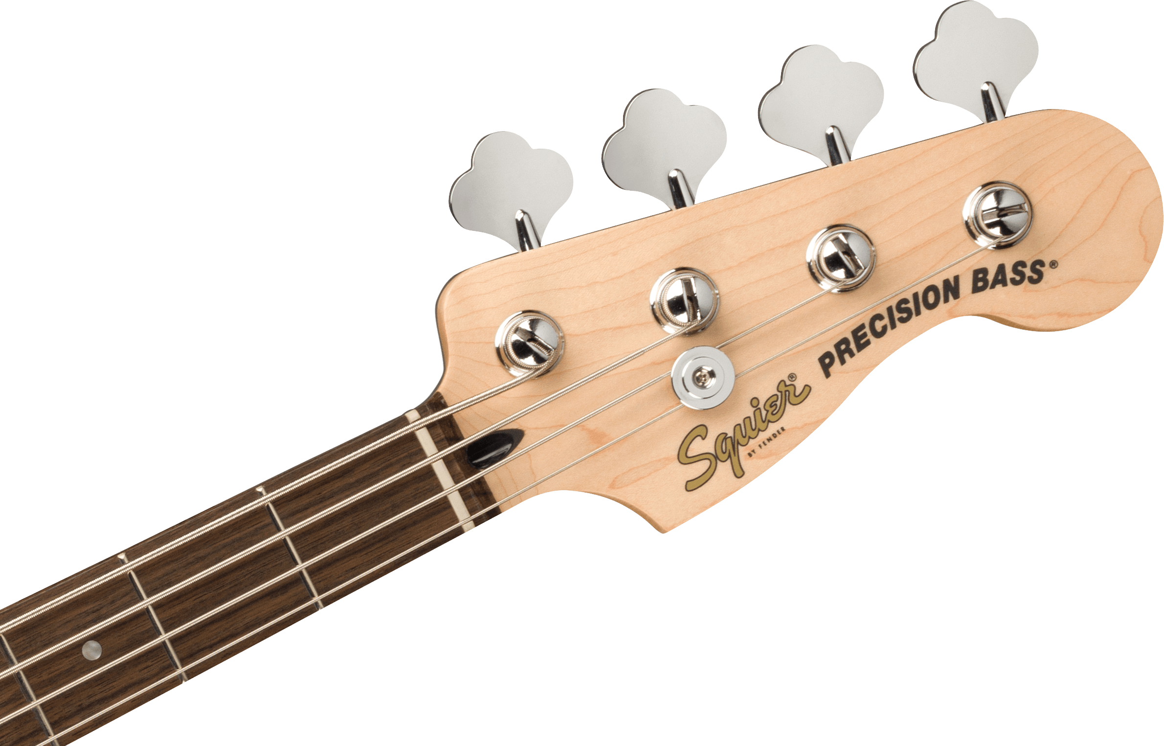Light wood Squier Precision Bass guitar headstock with four metal tuning pegs and part of the dark fingerboard with silver frets visible.
