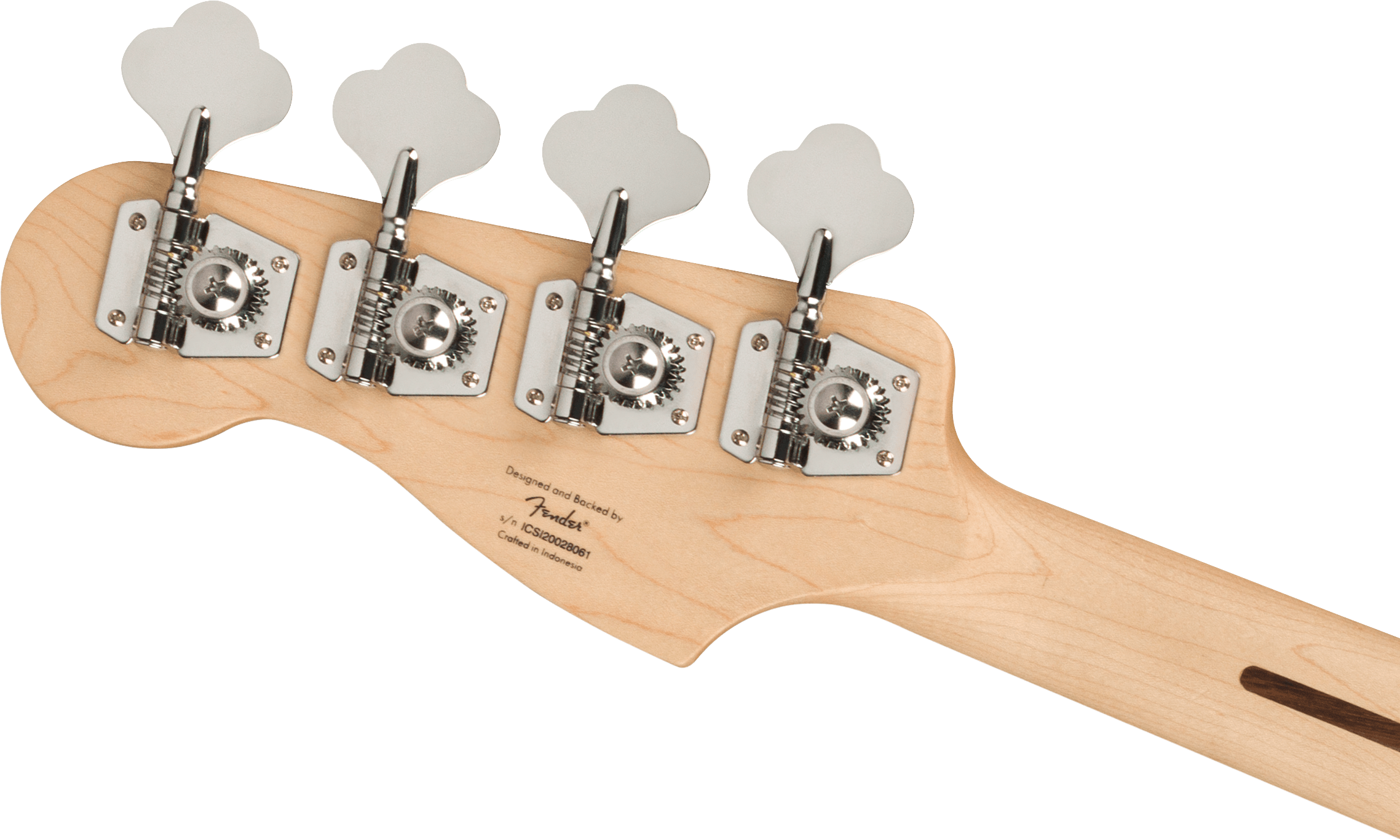 Light wood bass guitar headstock with four large metal tuning pegs in a row and Fender branding stamped near the base.