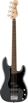 Squier Precision Bass guitar with a black body, dark pickguard, four strings, and a maple headstock.
