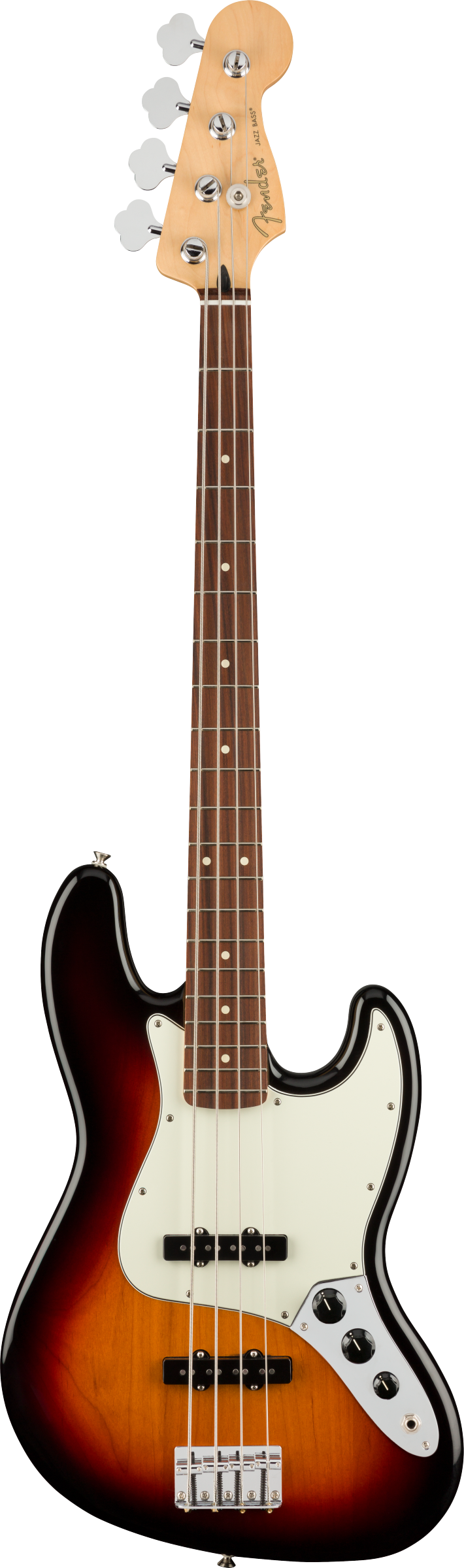 Fender Jazz Bass electric bass with a sunburst finish, four strings, white pickguard, and chrome tuning pegs and knobs.