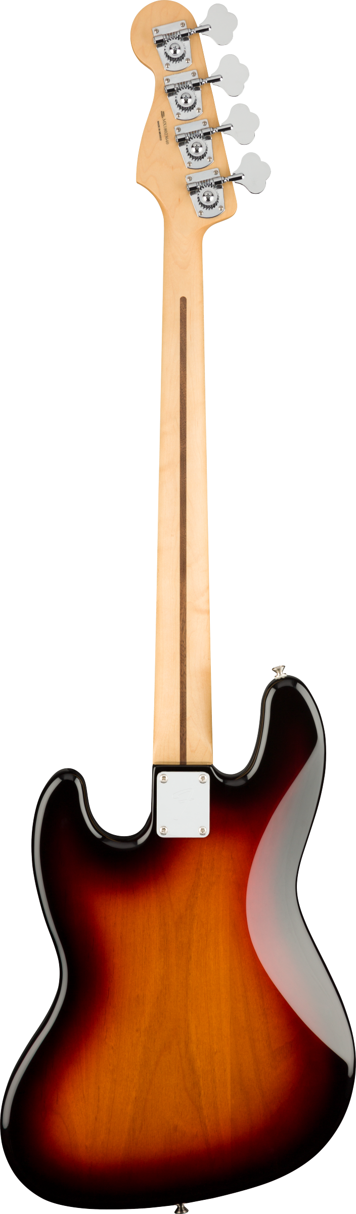 Sunburst-finish electric bass viewed from the back, maple neck with a dark stripe, four large open-gear tuners, contoured body.