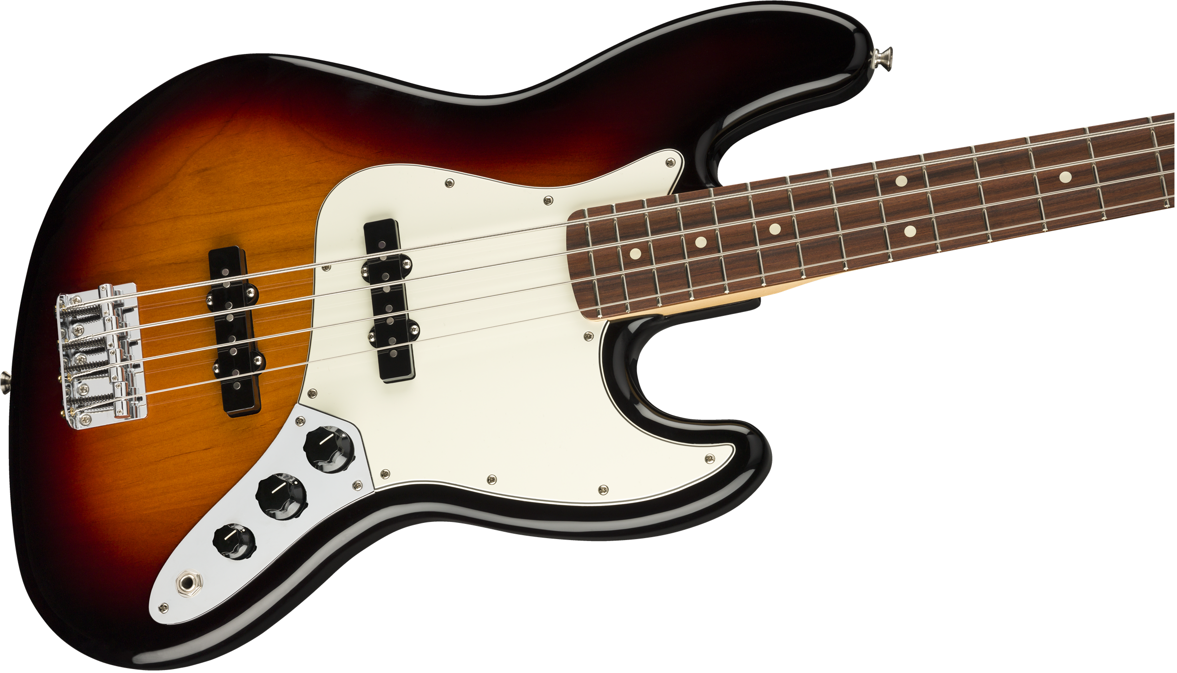 Four-string electric bass with a sunburst finish, white pickguard, two black pickups, three control knobs, and a rosewood fingerboard with dot inlays.