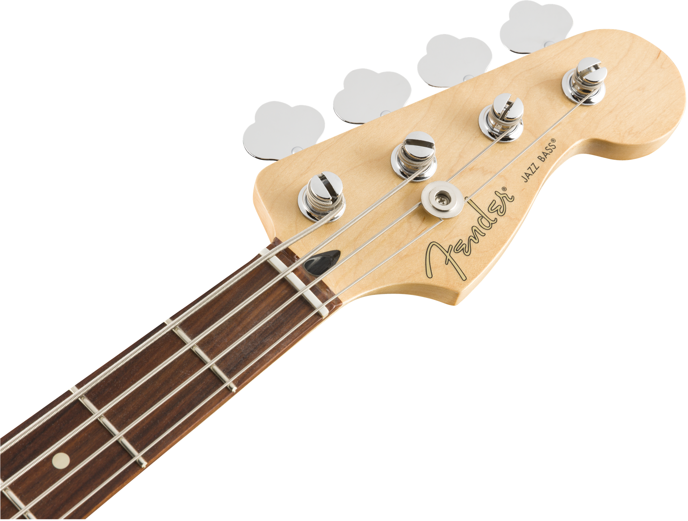 Headstock and neck of a Fender Jazz Bass electric bass, showing four tuning pegs and metal strings over a dark wood fretboard.