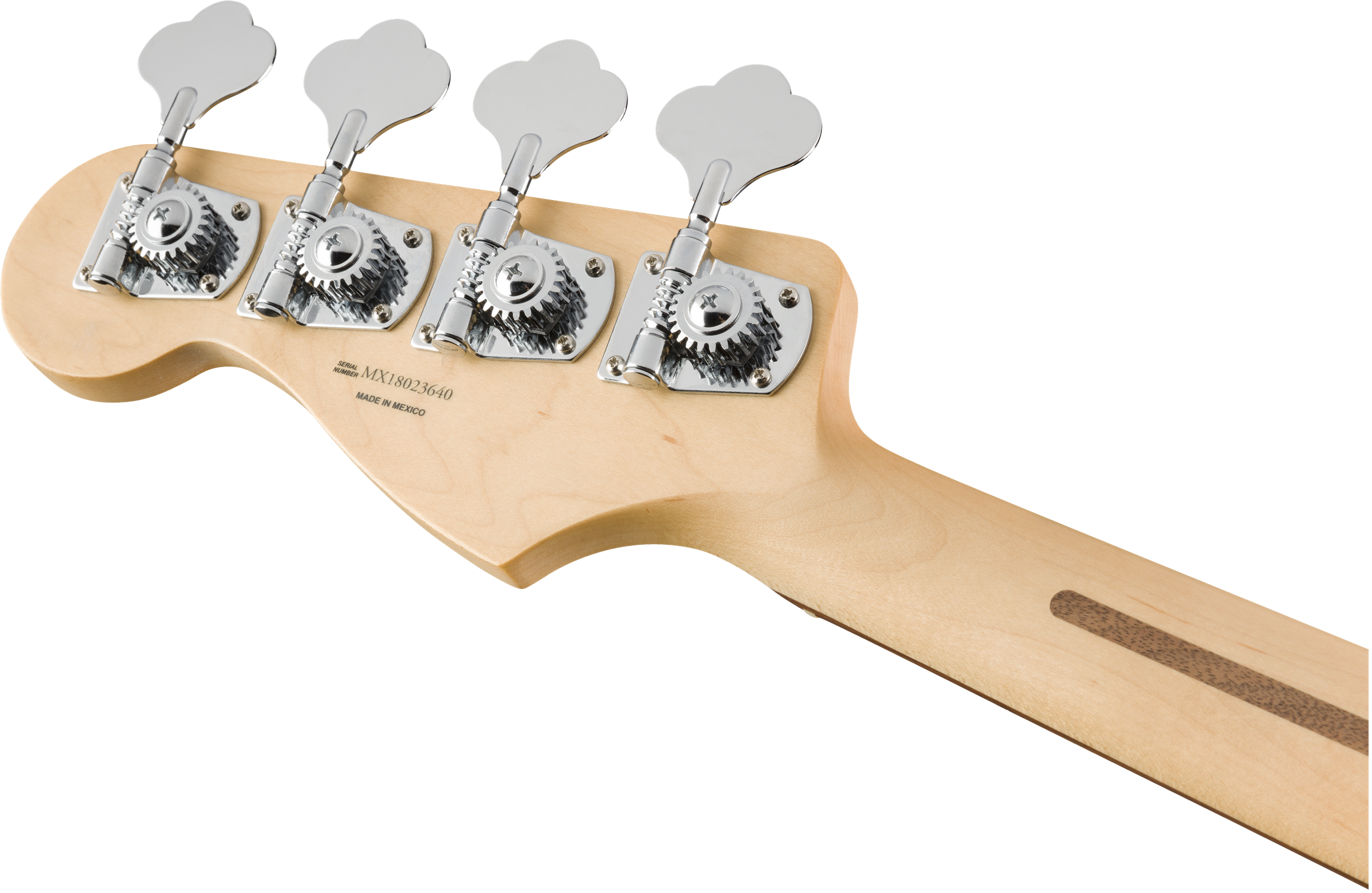 Four large silver tuning pegs and gears on a light wood electric bass headstock, with visible serial number and “Made in Mexico” text.