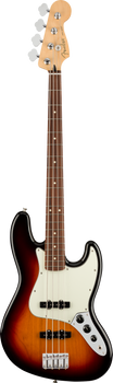 Fender Jazz Bass electric bass with a sunburst finish, four strings, white pickguard, and chrome tuning pegs and knobs.