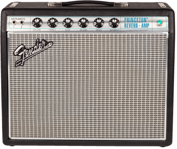 Fender Princeton Reverb guitar amplifier, six control knobs, silver grille cloth, two instrument inputs, blue power indicator light, black casing.