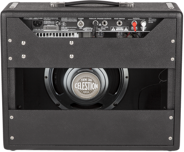 Back view of a black amplifier showing a large circular Celestion Ten 30 speaker and various input, output, and control ports along the top panel.