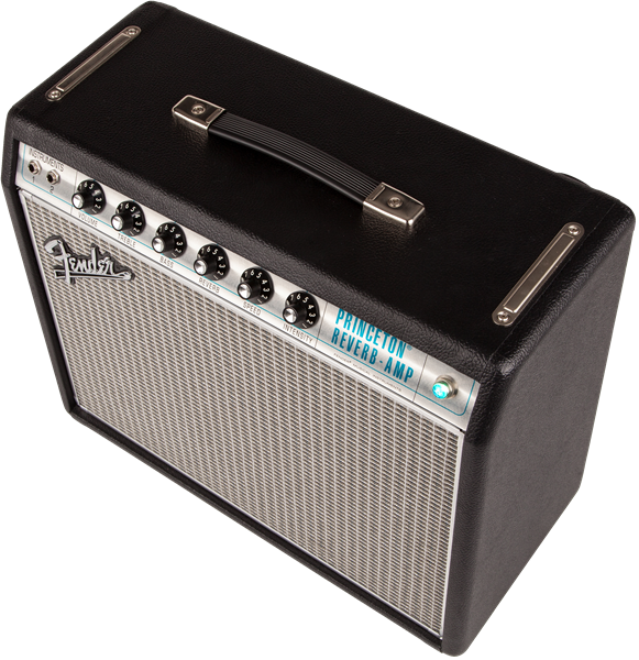 Black Fender Princeton Reverb guitar amplifier with silver grille, seven black control knobs, carrying handle on top, and blue power indicator light.