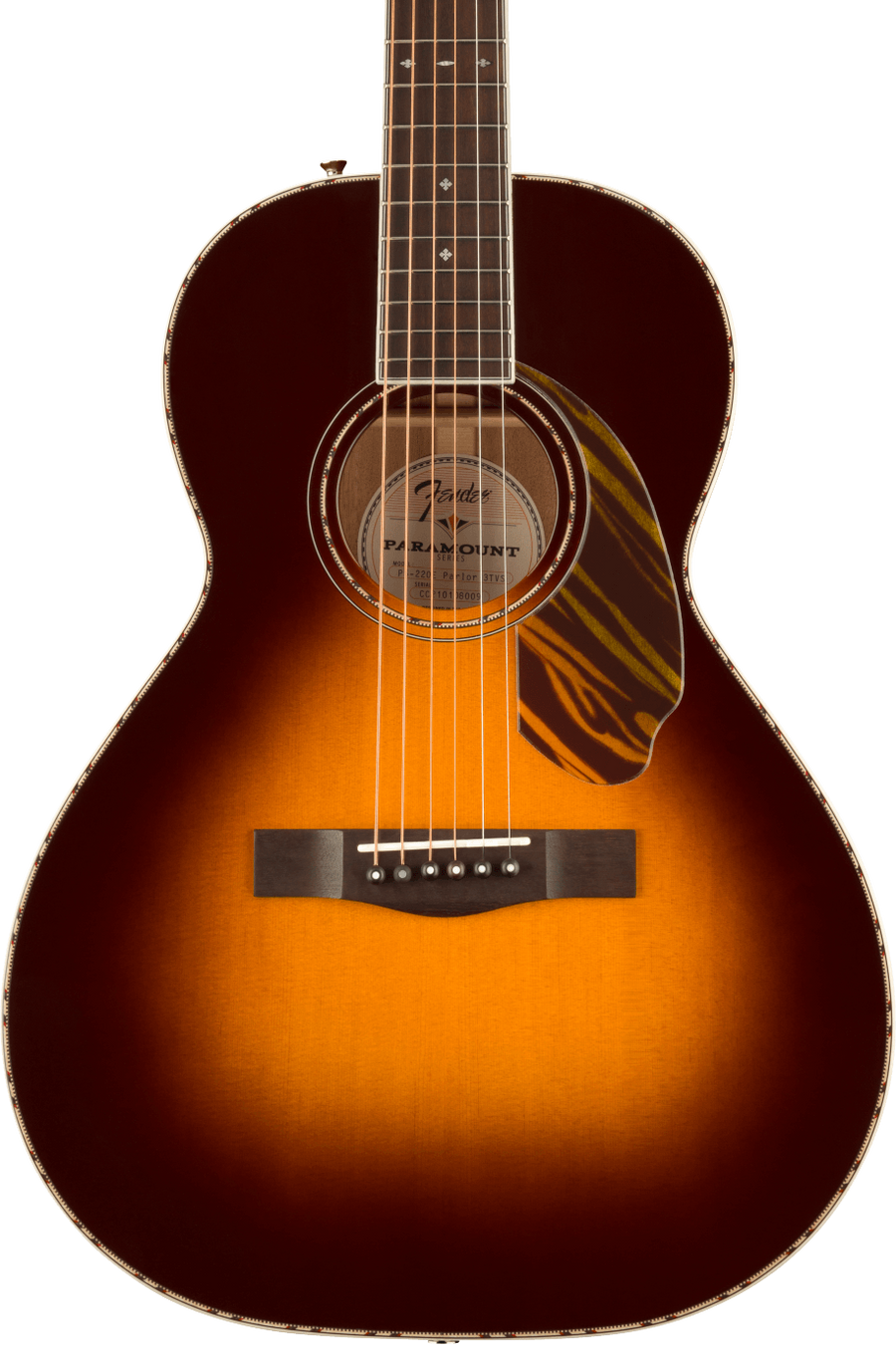 Sunburst finish acoustic guitar with a dark brown border, tortoiseshell pickguard, and six steel strings, featuring the Fender logo on the headstock.