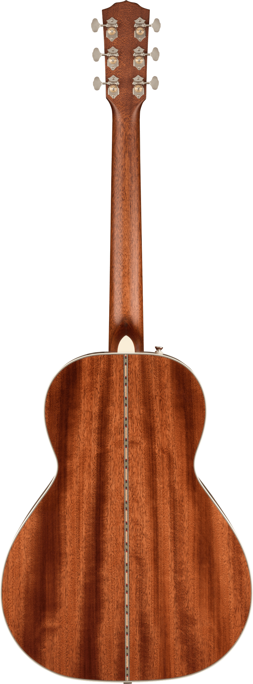 Mahogany acoustic guitar back view with a striped wood grain pattern and a decorative inlay running vertically down the center.