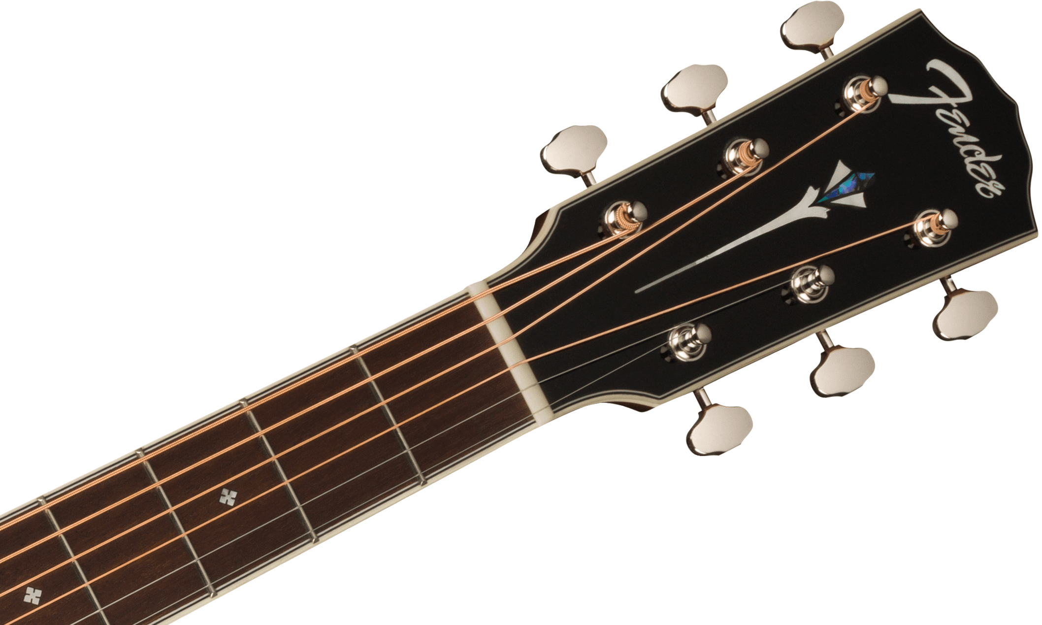 Fender acoustic guitar headstock with chrome tuning pegs, inlaid design, six strings, and part of a dark fingerboard with small cross-shaped inlays.