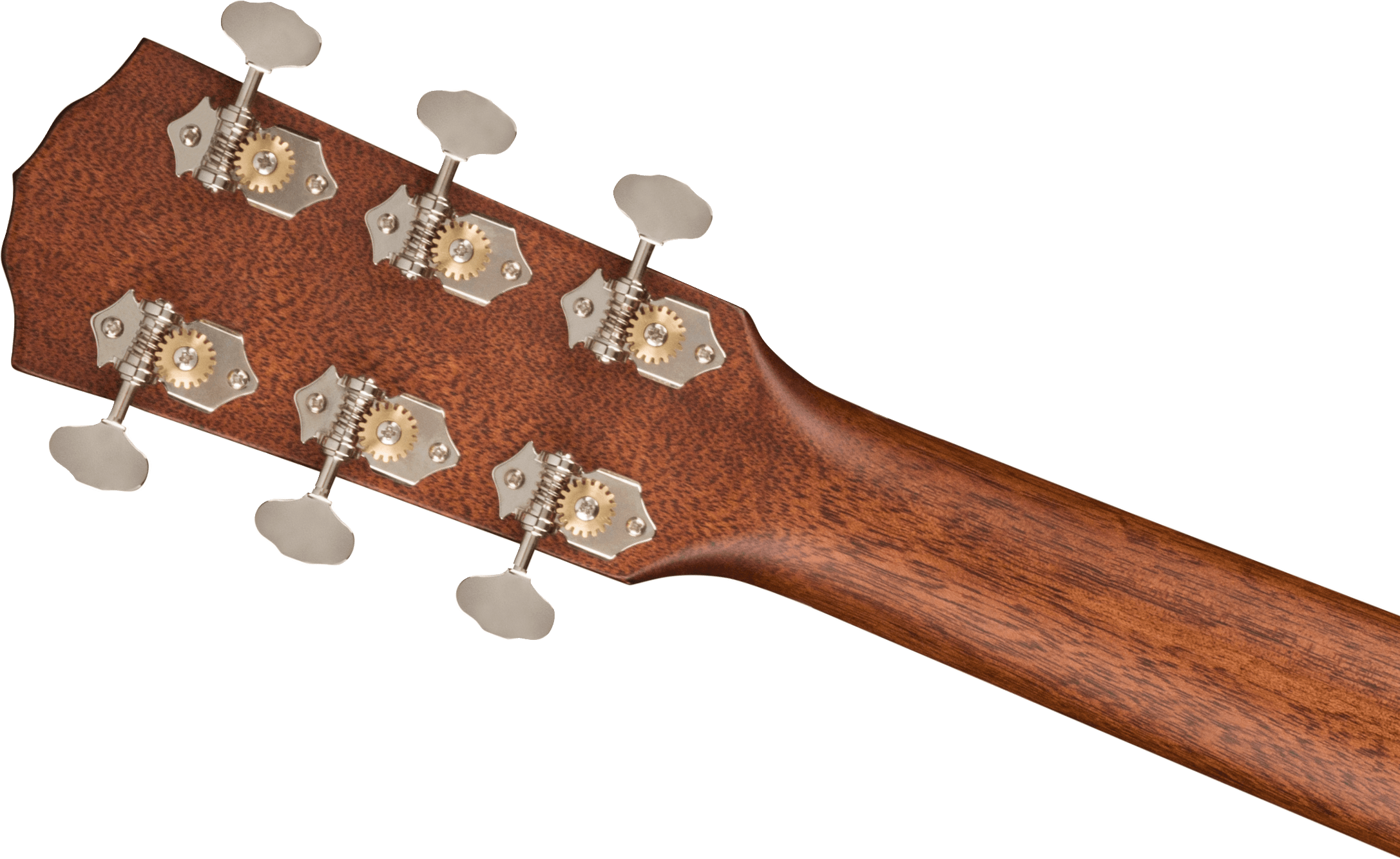 Close-up of an acoustic guitar's headstock and neck in brown wood, showing six silver tuning pegs with exposed gear mechanisms.