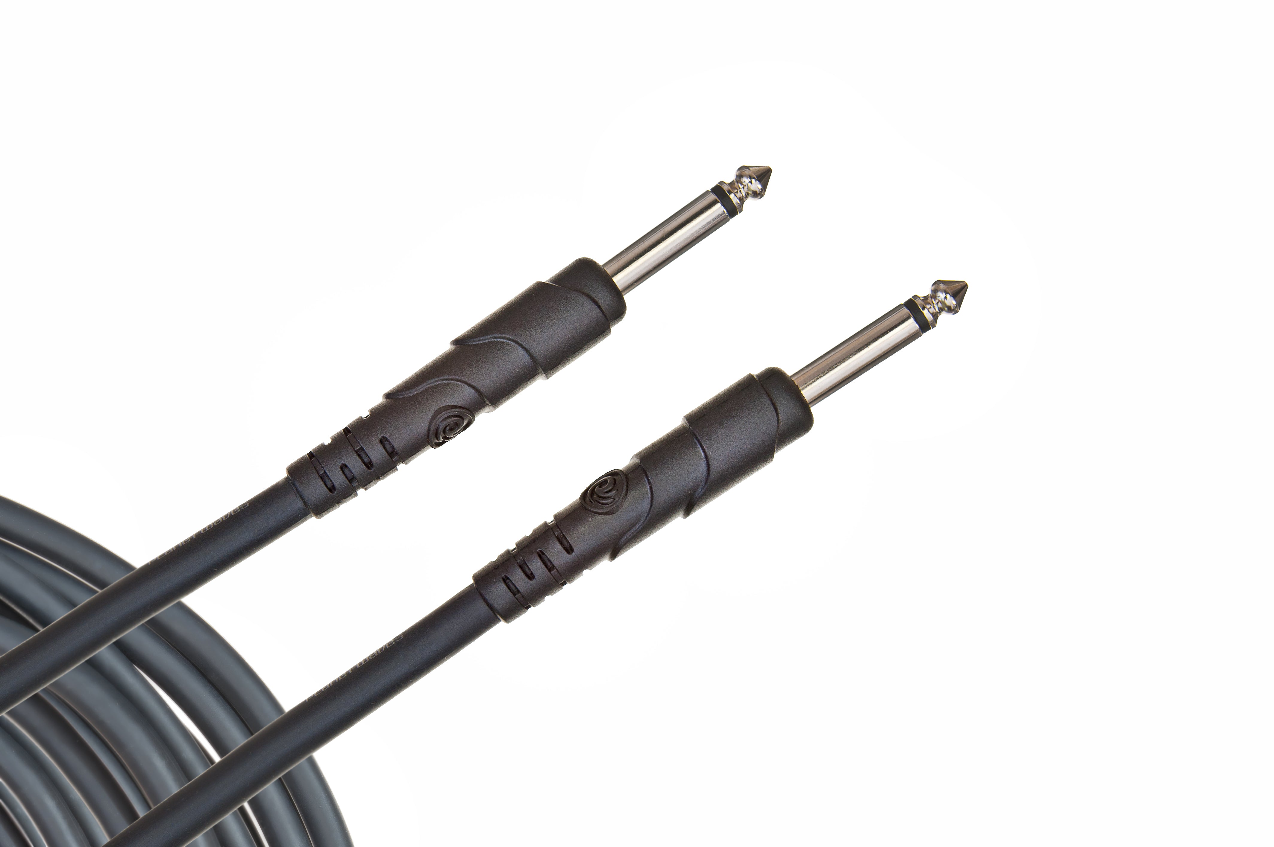 Two black 1/4 inch TS instrument cables with metal plugs and molded grips, commonly used for guitars and audio equipment.