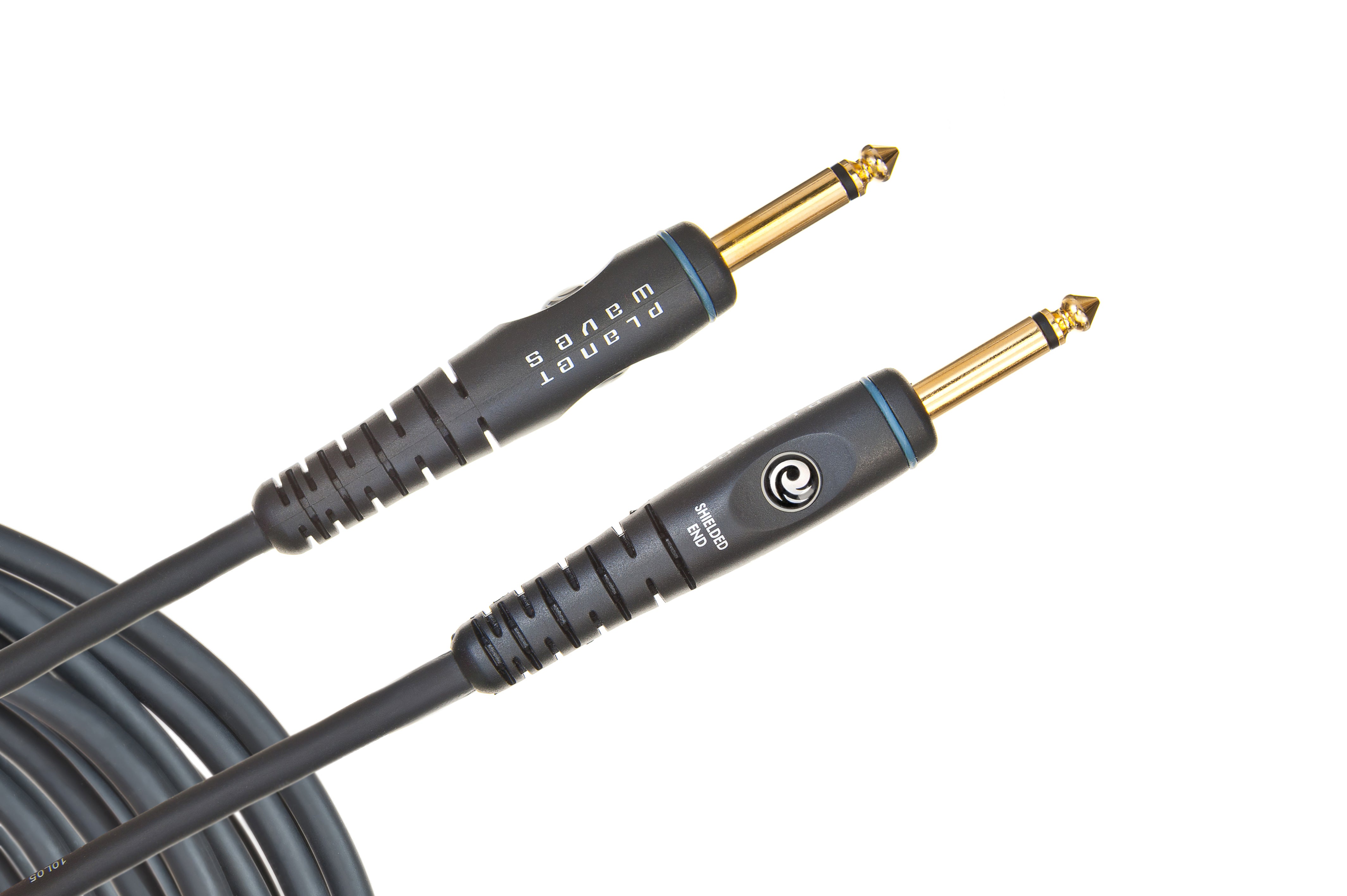 Black instrument cable with two gold-plated 1/4-inch plugs, one handle labeled “planet waves” and the other with a swirl logo.