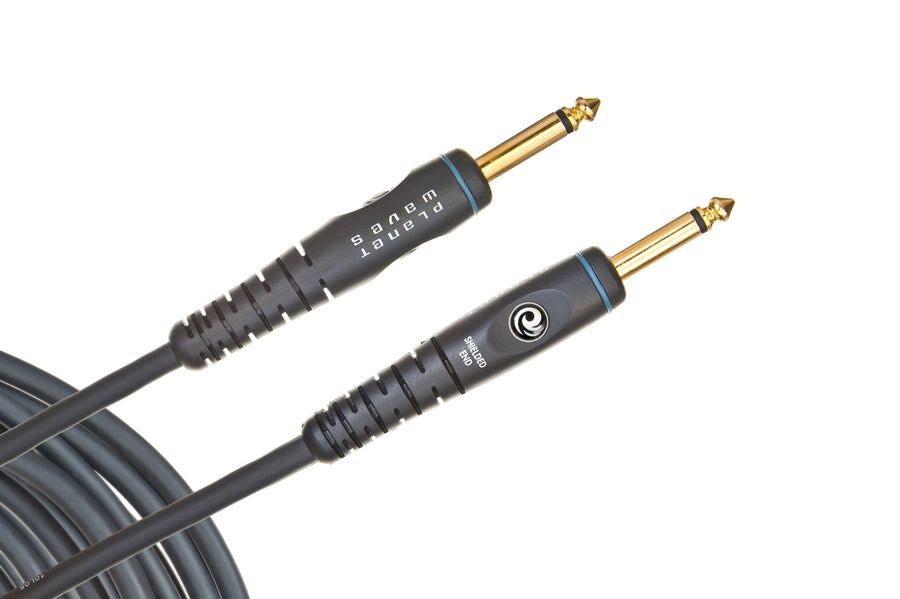 Black instrument cable with two gold-plated 1/4-inch plugs, one handle labeled “planet waves” and the other with a swirl logo.