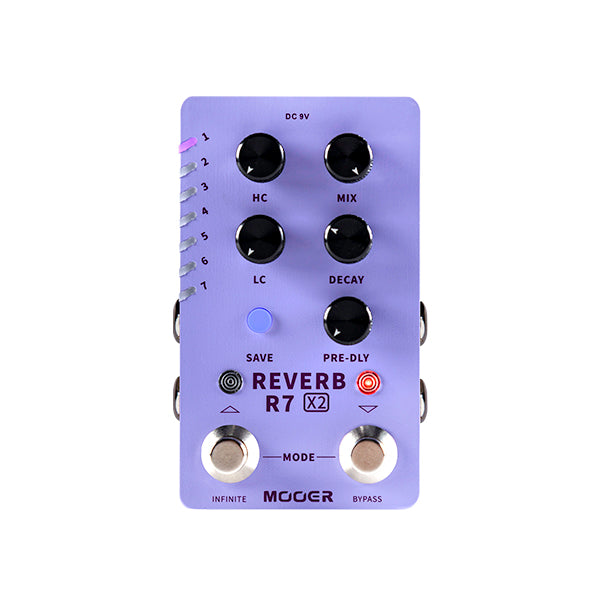 Light purple Mooer R7 X2 guitar reverb FX pedal with six black knobs, two footswitches, and mode, save, and pre-delay buttons.