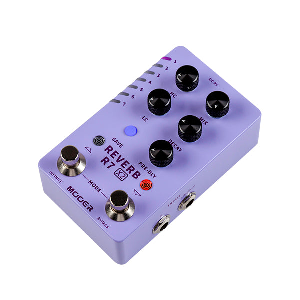 Light purple FX pedal with five black knobs, two footswitches, labeled buttons for save and pre-delay, and two input/output jacks on the right side.