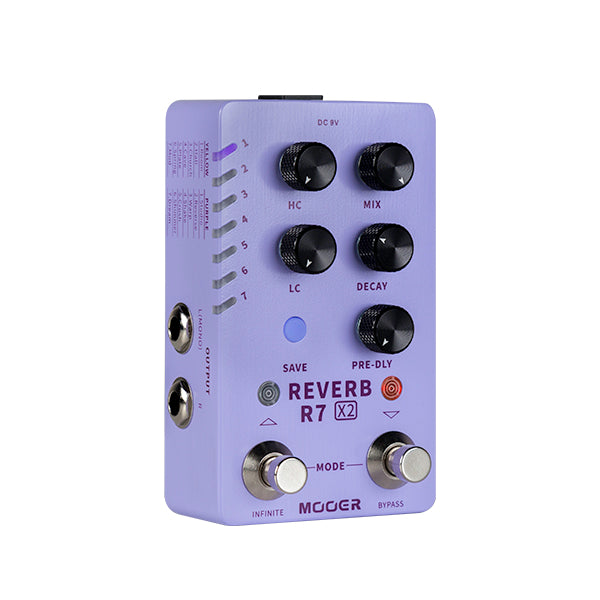 Light purple Mooer R7 X2 reverb FX pedal with six black knobs, two footswitches, and multiple labeled buttons and jacks on top and sides.