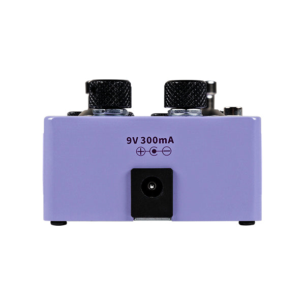 Purple FX pedal with a 9V 300mA DC input jack on its front side, and two black control knobs visible on top.