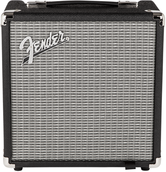 Fender amplifier with a silver-gray woven grille, black sides, and a metal Fender logo on the upper left corner.