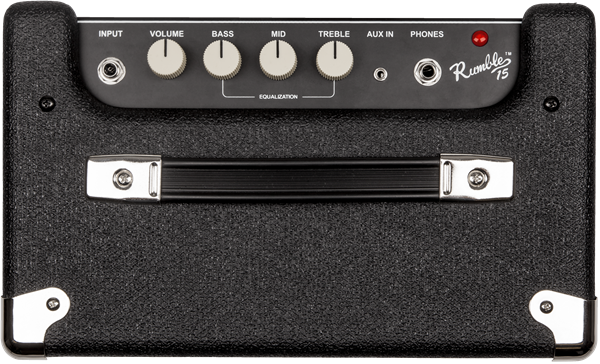 Black Rumble 15 amplifier with top panel controls for volume, bass, mid, treble, input, auxiliary in, and headphone jack, plus a carrying handle.