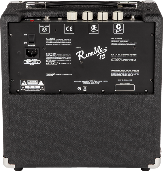 Rear panel of a Fender Rumble 15 amplifier with control knobs, power switch, warning labels, and input power listed as 120V~60Hz 40W.