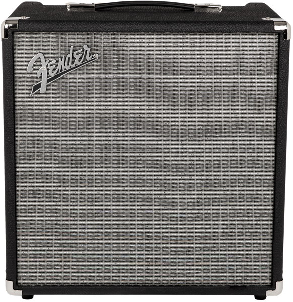 Fender amplifier with a large gray woven grille, black casing, metal corners, and a silver Fender logo on the top left. Carry handle on top.