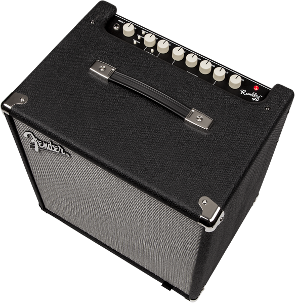 Black Fender amplifier with a silver grille, control knobs on top, metal corners, and a sturdy handle for carrying.