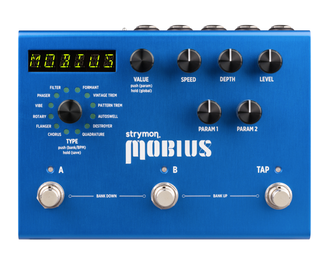 Blue Strymon Mobius effects pedal with an LED screen, eleven knobs, three footswitches labeled A, B, TAP, and a rotary selector for modulation types.