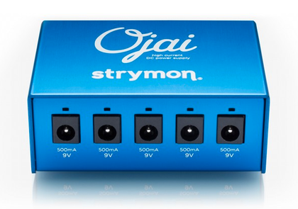 Blue Strymon Ojai pedal power supply with five 9V 500mA outputs arranged in a row on the front panel.