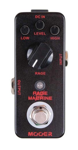 Rectangular black guitar effects pedal with three small knobs, one large center knob labeled Rage, a footswitch, and red text reading Rage Machine Mooer.