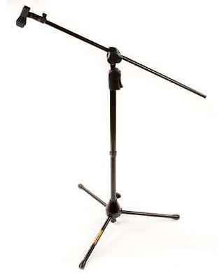 Black adjustable microphone stand with tripod base and an extended boom arm for holding a mic.