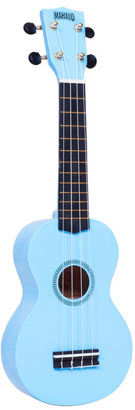 Light blue soprano ukulele with four white strings, black tuning pegs, and a dark fingerboard.