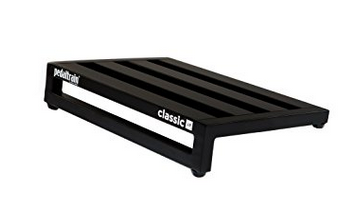 Black rectangular pedalboard with open slats and short legs, labeled "Pedaltrain classic." Used for organizing guitar effects pedals.