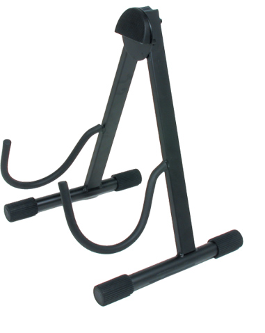 Black metal guitar stand with two curved arms and rubber-capped feet, designed to hold a guitar upright.