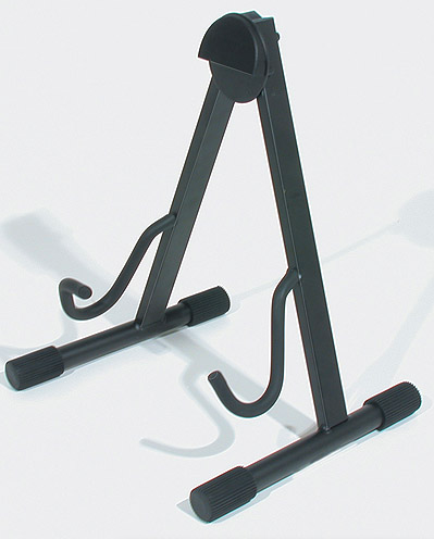 Black metal A-frame stand with two angled arms ending in hooks, designed to hold and display a guitar or other musical instrument.